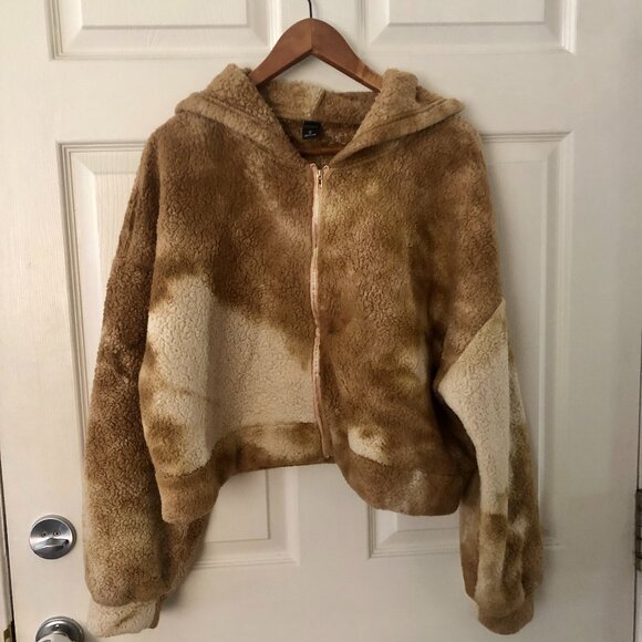 [Women's XL] Teddy Sherpa Cropped Jacket Tie Dye Fuzzy Hooded Zip Up Cozycore - Picture 1 of 6